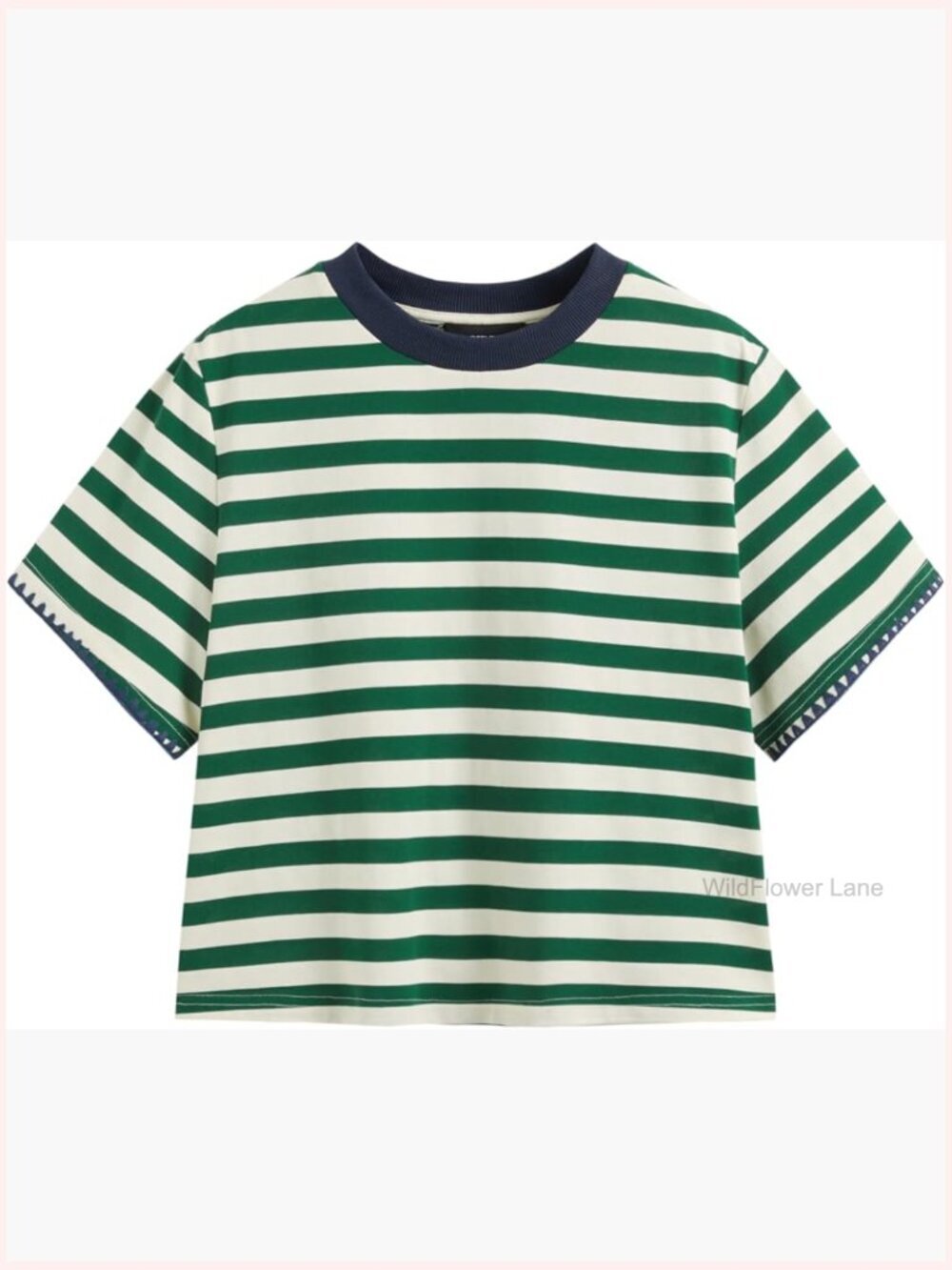 Oversized Striped Crop Tee Cotton-Blend Short Sleeve Crew Neck - Picture 1 of 7
